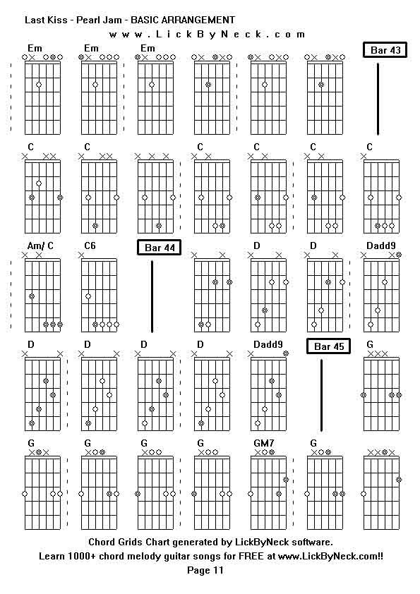 Chord Grids Chart of chord melody fingerstyle guitar song-Last Kiss - Pearl Jam - BASIC ARRANGEMENT,generated by LickByNeck software.